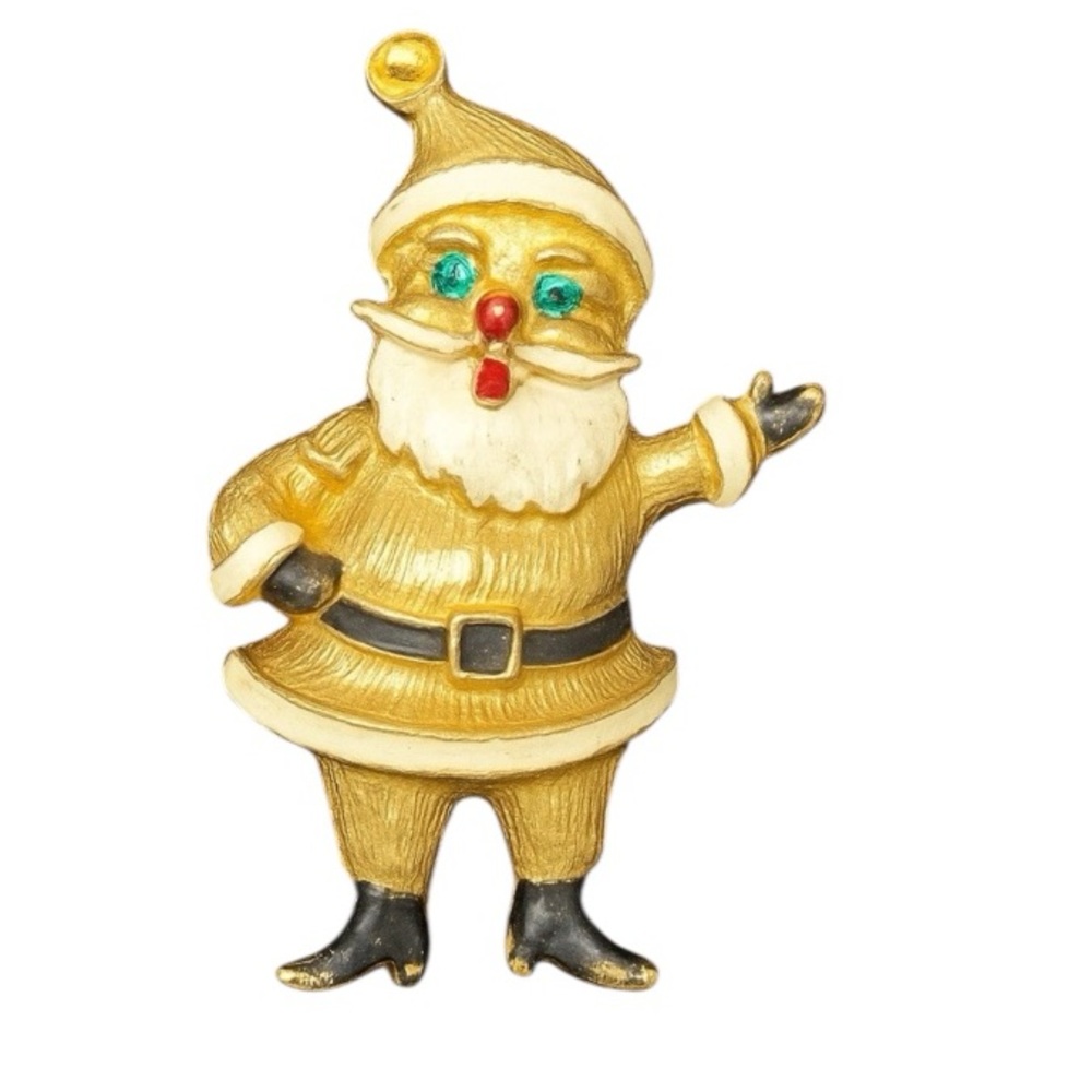 Vintage Jewelry Gold‎ Tone Rhinestone Santa Pin Brooch Green Jewel Christmas